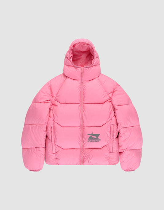 The Live Fast Puffer Jacket by LIVE FAST DIE YOUNG is a bright pink nylon jacket with an oversize fit, hood, front zipper, wide quilted sections, a warm insulated feel, and a gray LIVE FAST logo on the lower left side. | plain