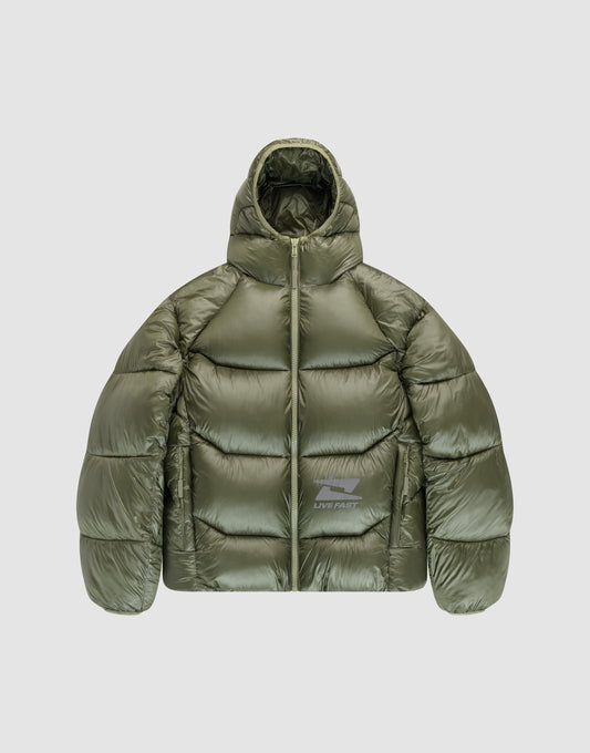 The Live Fast Puffer Jacket by LIVE FAST DIE YOUNG is an olive green, shiny nylon jacket with an oversized fit, hood, front zipper, large horizontal quilting, and a small white "LIVE FAST" logo on the lower left front. Displayed on light gray. | plain