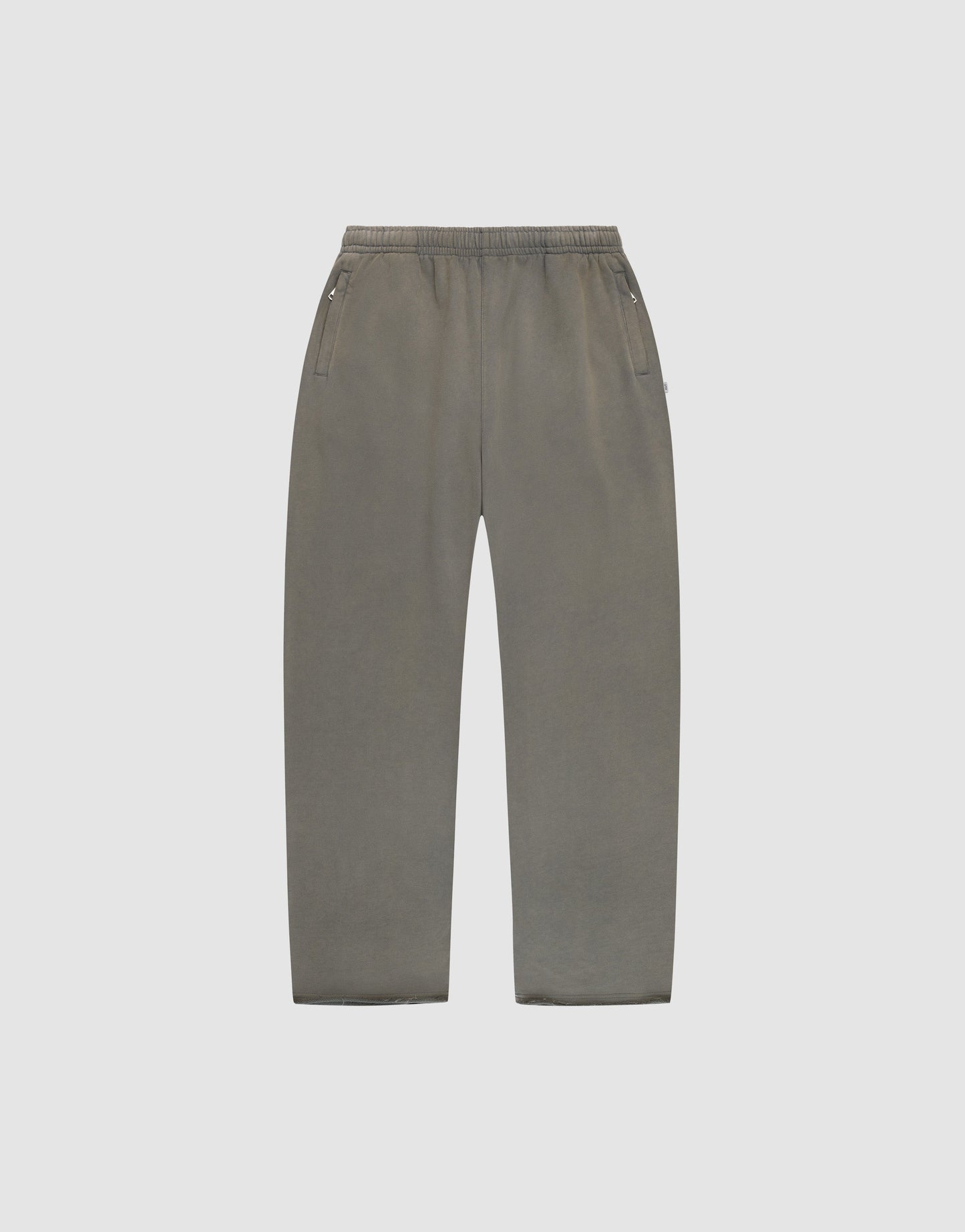 LFDY Ripped Sweatpants by LIVE FAST DIE YOUNG in gray with a wide fit, made from soft cotton, featuring an elastic waistband and side pockets, shown flat on a plain light gray background.