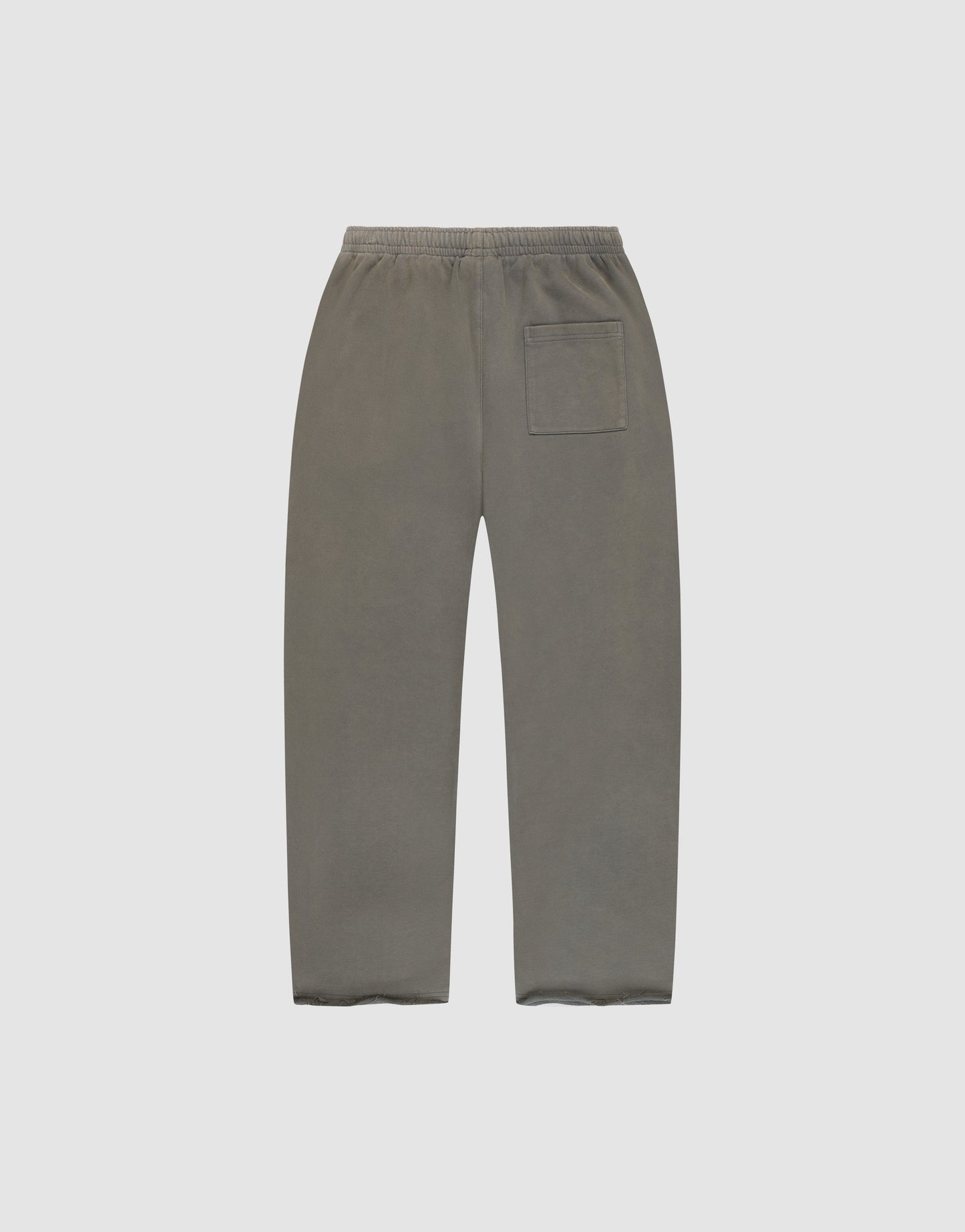 A pair of LFDY Ripped Sweatpants by LIVE FAST DIE YOUNG in gray cotton with an elastic waistband and a single back pocket, laid flat on a white background.