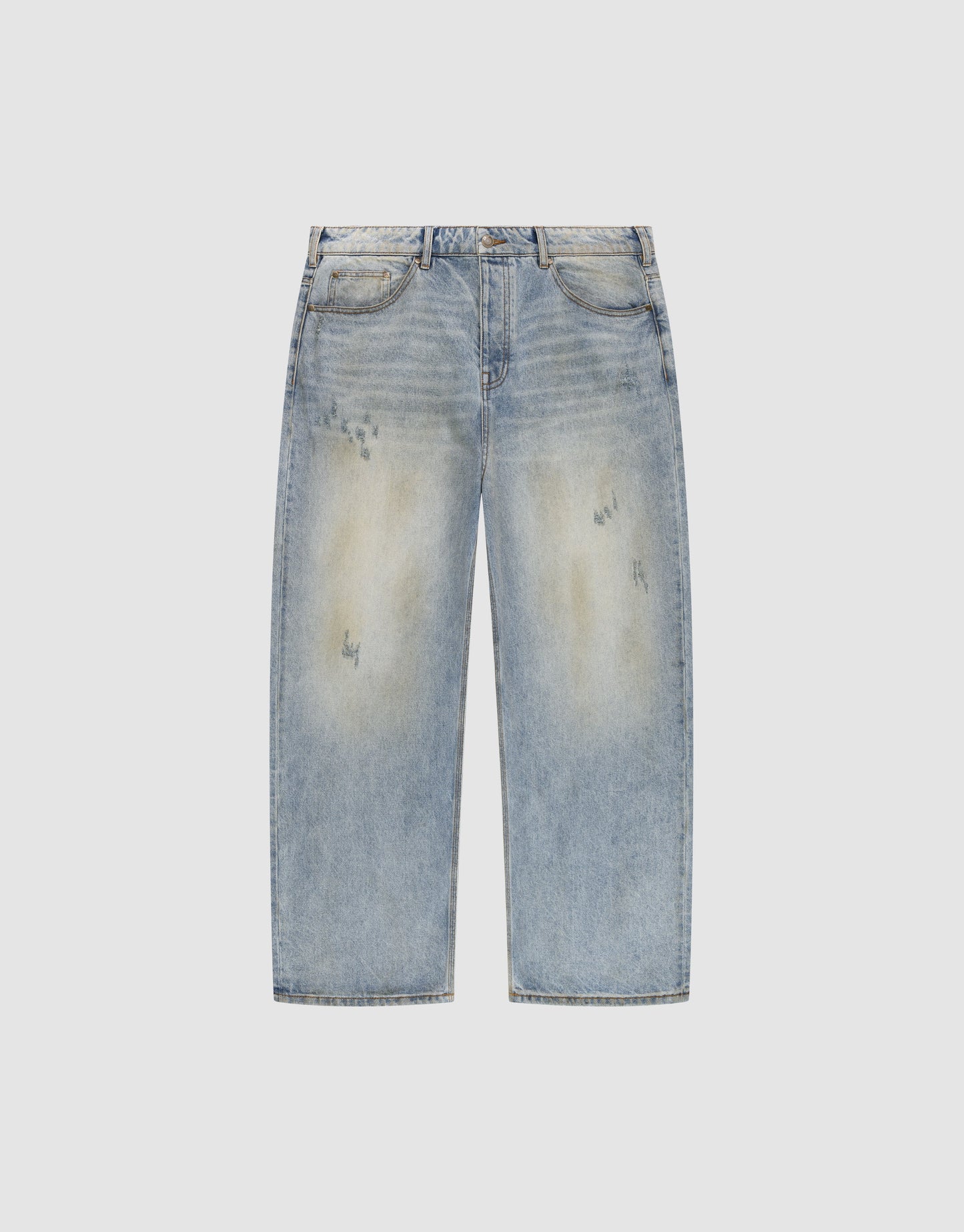 The LFDY Baggy Denim by LIVE FAST DIE YOUNG features a light blue, straight-leg baggy fit with faded and distressed detailing on the thighs and pockets, shown against a plain white background.