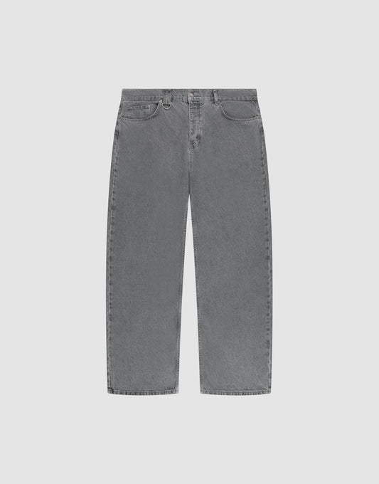 The LFDY Baggy Denim by LIVE FAST DIE YOUNG features high-waisted gray denim with a wide straight leg, five pockets, belt loops, and a button-zip closure, made from 100% cotton and shown flat on a light background. | plain
