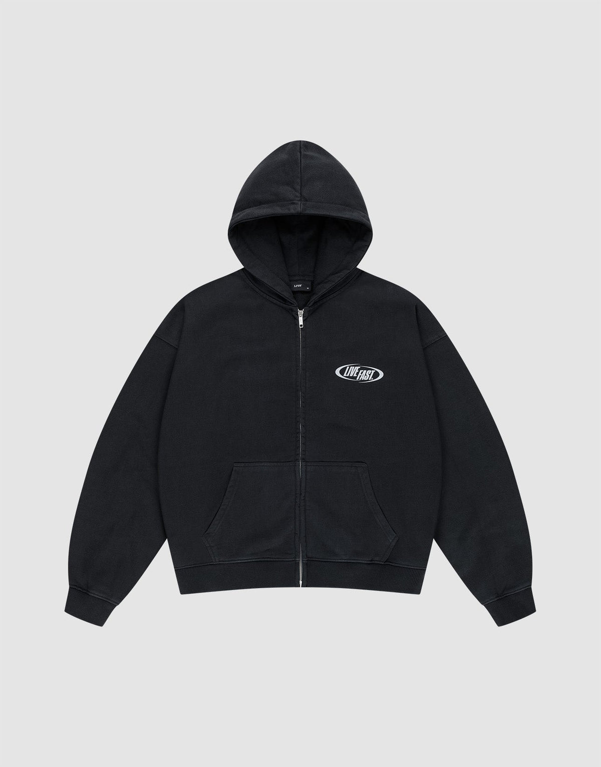 The LIVE FAST DIE YOUNG LFDY Canine Hooded Zip is a black oversized zip-up hoodie with a front pocket, small white OhFast logo on the left chest, and silver print, shown on a light gray background.