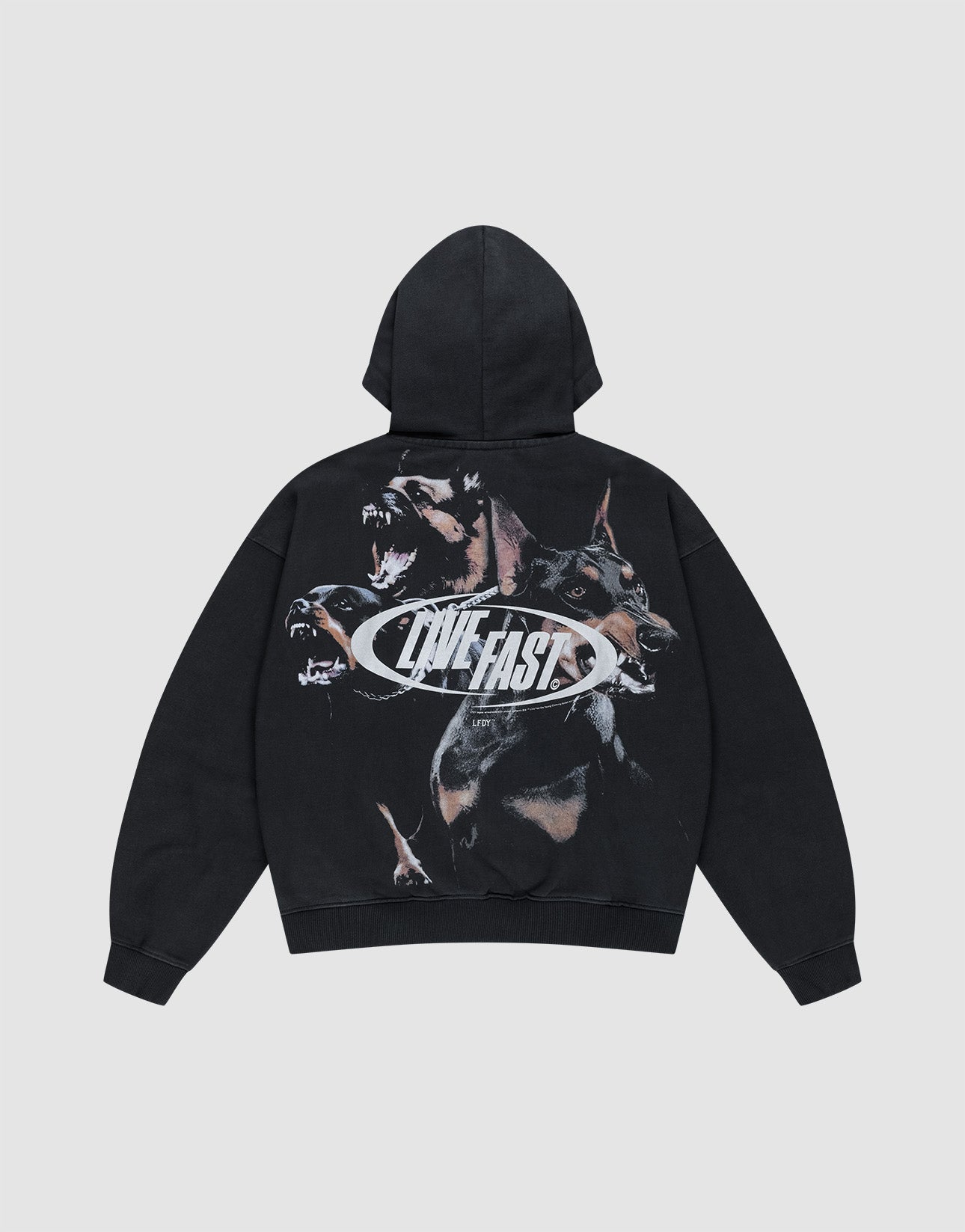 The LFDY Canine Hooded Zip by LIVE FAST DIE YOUNG is a black oversize fit hoodie with a snarling Doberman graphic and bold silver "LIVE FAST" print across the back, displayed flat on a light gray background. | plain