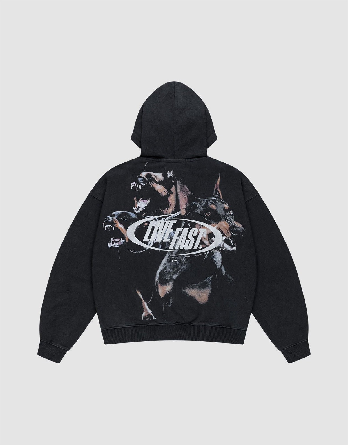 The LFDY Canine Hooded Zip by LIVE FAST DIE YOUNG is a black oversize fit hoodie with a snarling Doberman graphic and bold silver "LIVE FAST" print across the back, displayed flat on a light gray background. | plain
