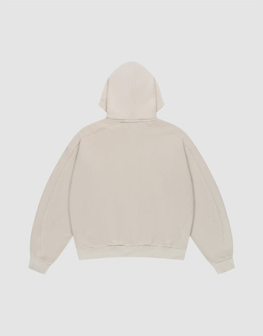 Back view of the LIVE FAST DIE YOUNG LFDY Pleated Hooded Zip in light beige, featuring a hood with drawstring, long sleeves, ribbed cuffs and waistband, made from 100% cotton, shown on a flat white background.
