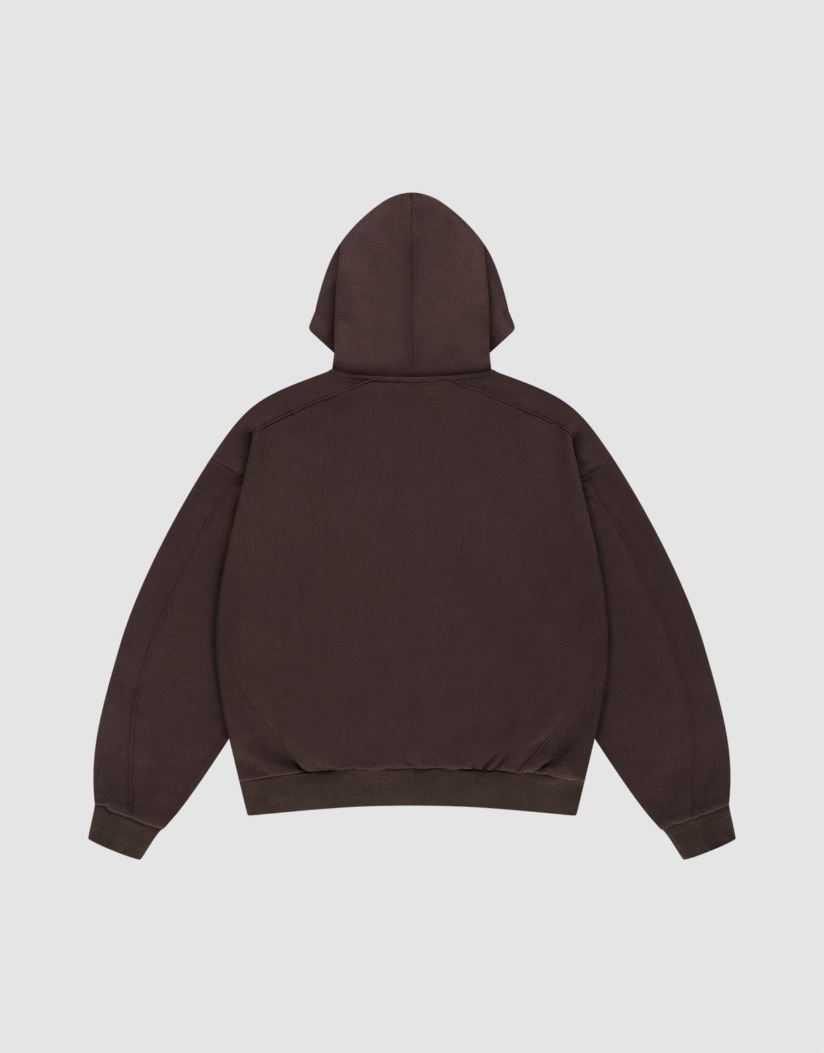 The LFDY Pleated Hooded Zip by LIVE FAST DIE YOUNG, shown flat from the back on a light gray background, features a dark brown color, hood with drawstring up, and sleeves spread out.