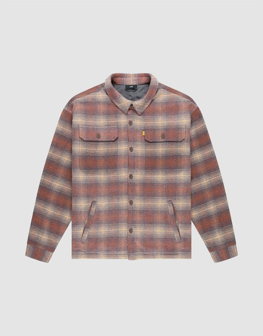 The LIVE FAST DIE YOUNG Vintage Padded Flannel is a long-sleeve, button-up shirt with a brown, beige, and red plaid pattern, two chest flap pockets, side pockets, and an oversize fit. | plain