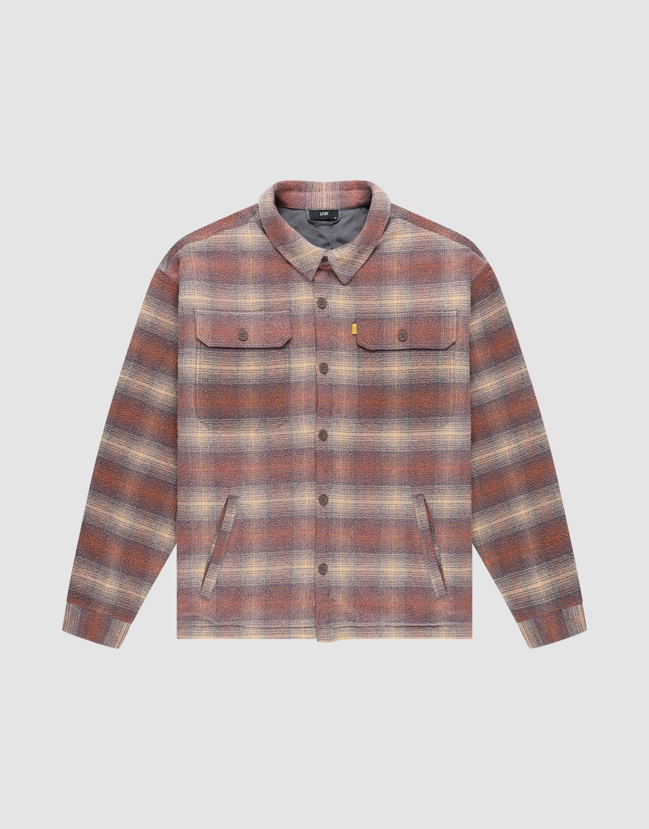 The LIVE FAST DIE YOUNG Vintage Padded Flannel is a long-sleeve, button-up shirt with a brown, beige, and red plaid pattern, two chest flap pockets, side pockets, and an oversize fit. | plain