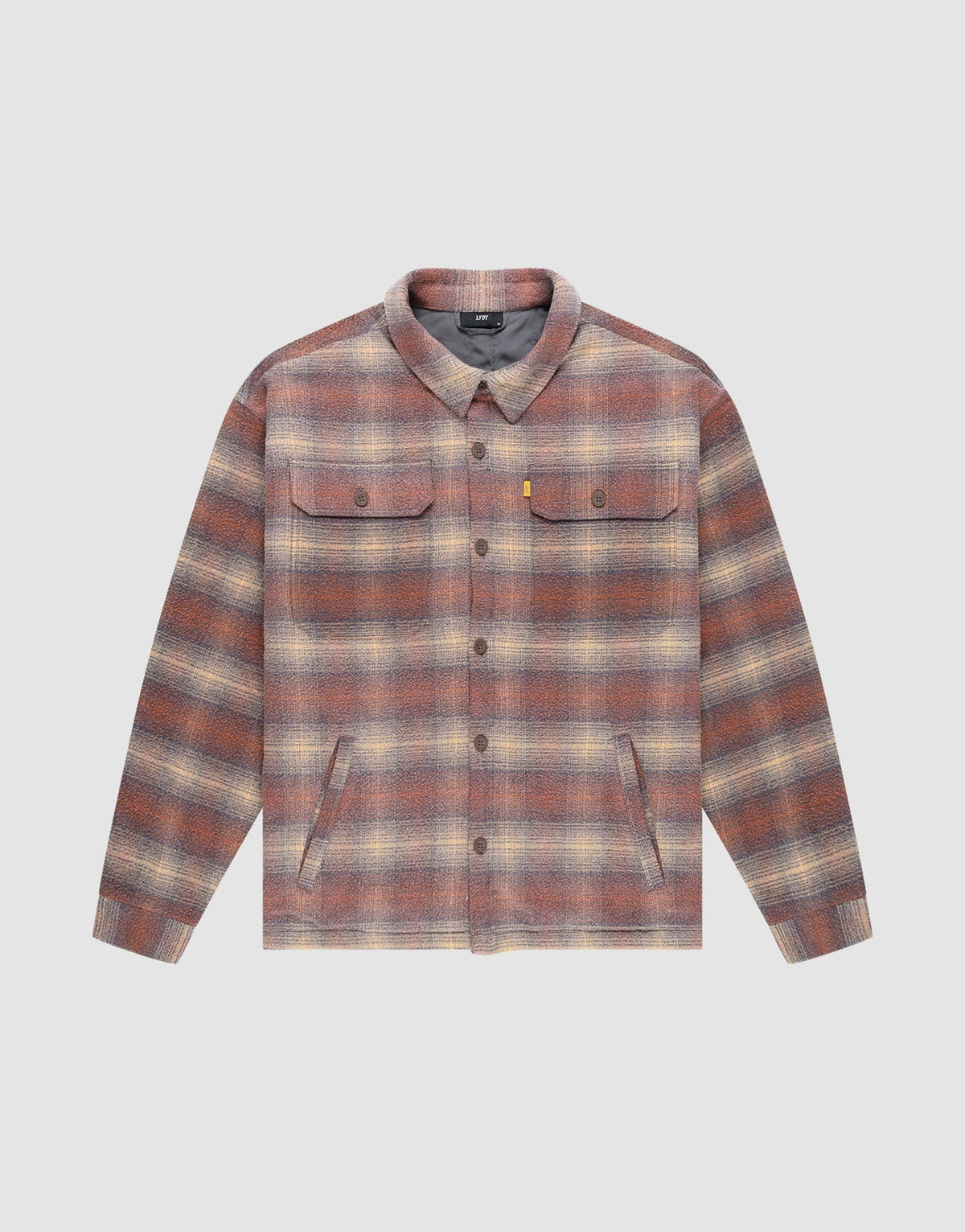The LIVE FAST DIE YOUNG Vintage Padded Flannel is a long-sleeve, button-up shirt with a brown, beige, and red plaid pattern, two chest flap pockets, side pockets, and an oversize fit. | plain