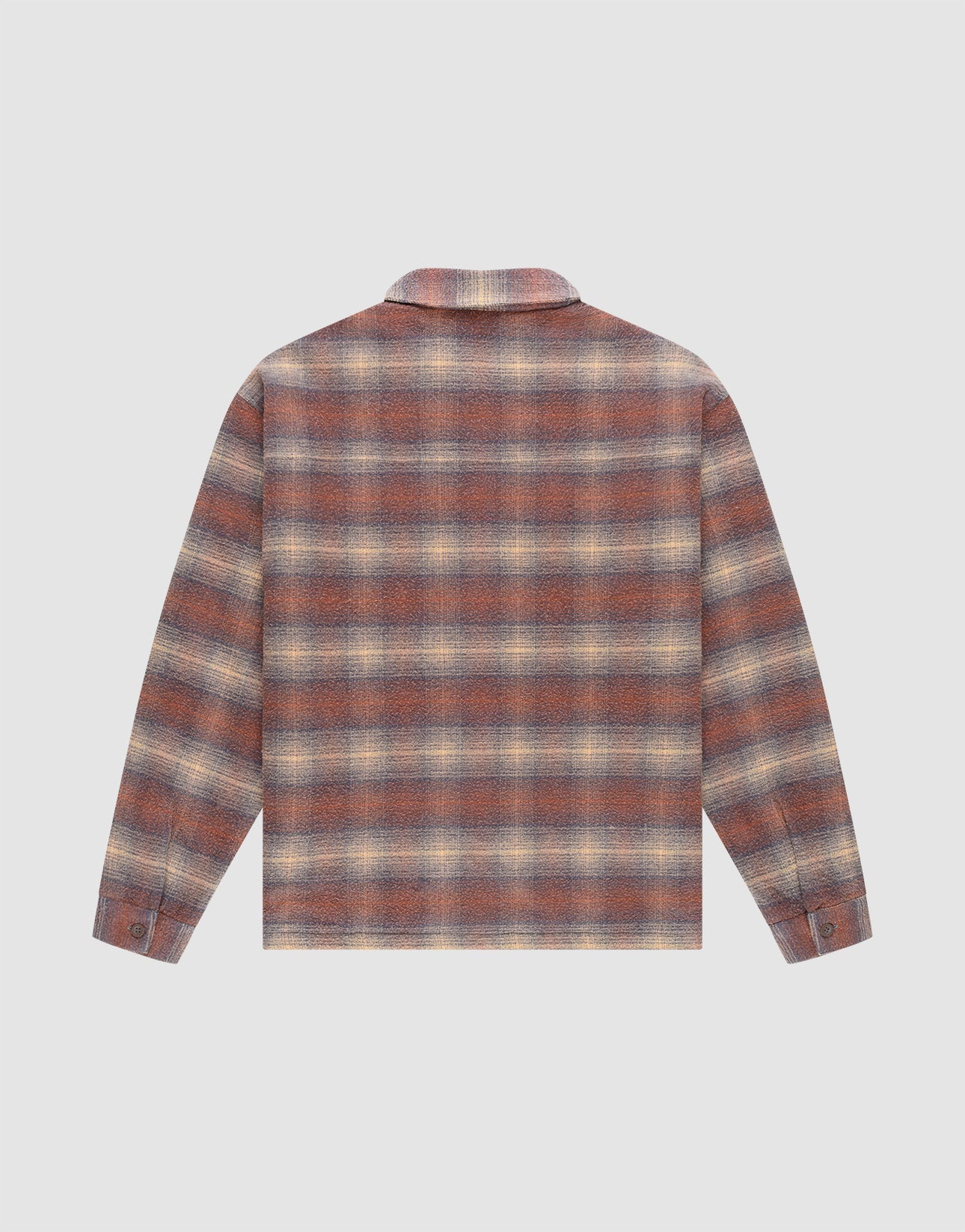 The LIVE FAST DIE YOUNG Vintage Padded Flannel, a long-sleeved shirt in brown, gray, and cream plaid, is displayed from the back against a white background.