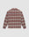 The LIVE FAST DIE YOUNG Vintage Padded Flannel, a long-sleeved shirt in brown, gray, and cream plaid, is displayed from the back against a white background.
