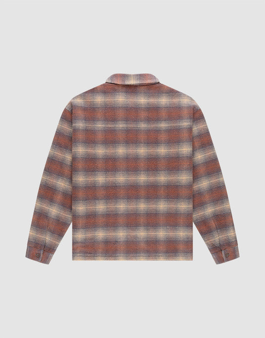 The LIVE FAST DIE YOUNG Vintage Padded Flannel, a long-sleeved shirt in brown, gray, and cream plaid, is displayed from the back against a white background.