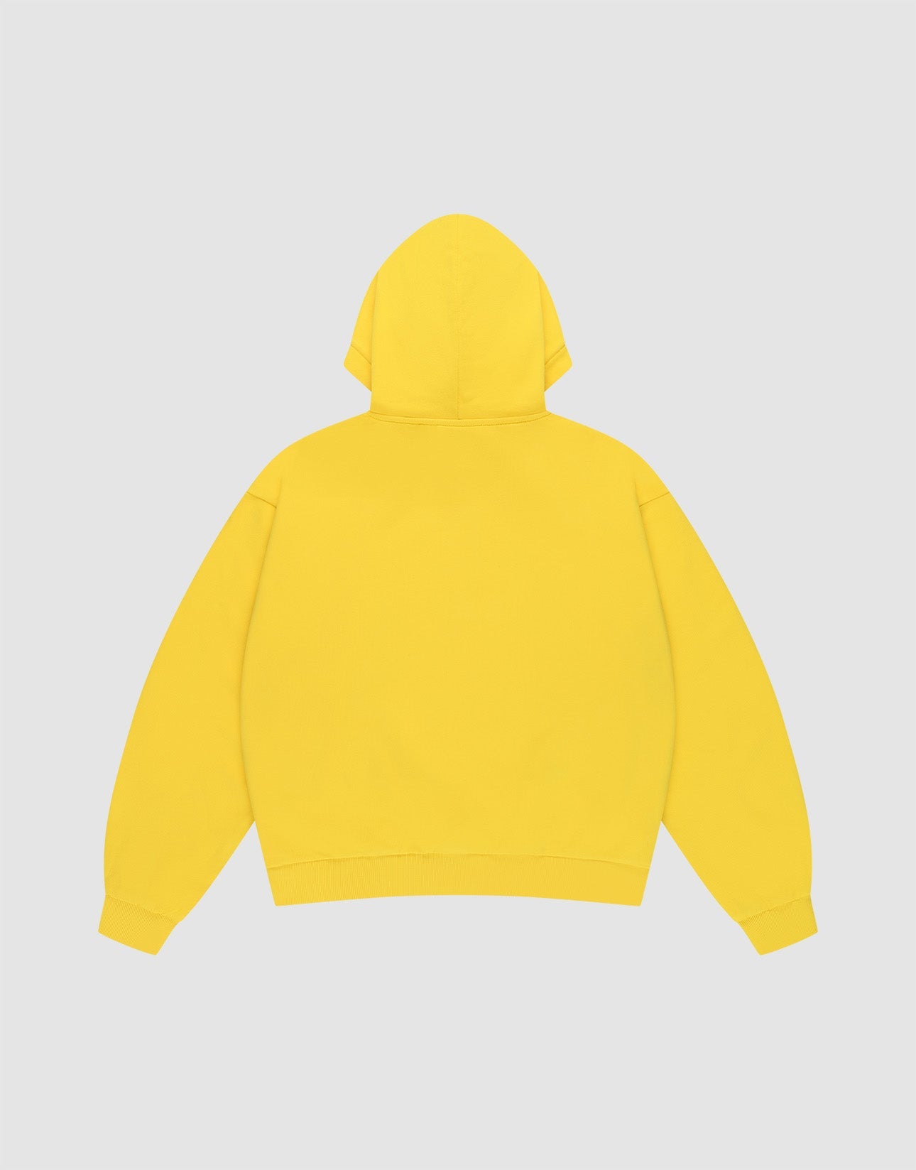 The LIVE FAST DIE YOUNG Live Fast Beware Hooded is a plain yellow oversize fit hoodie, laid flat facing backward on a light gray background. It features long sleeves, double layer 100% Baumwolle fabric, and no visible logos or designs.