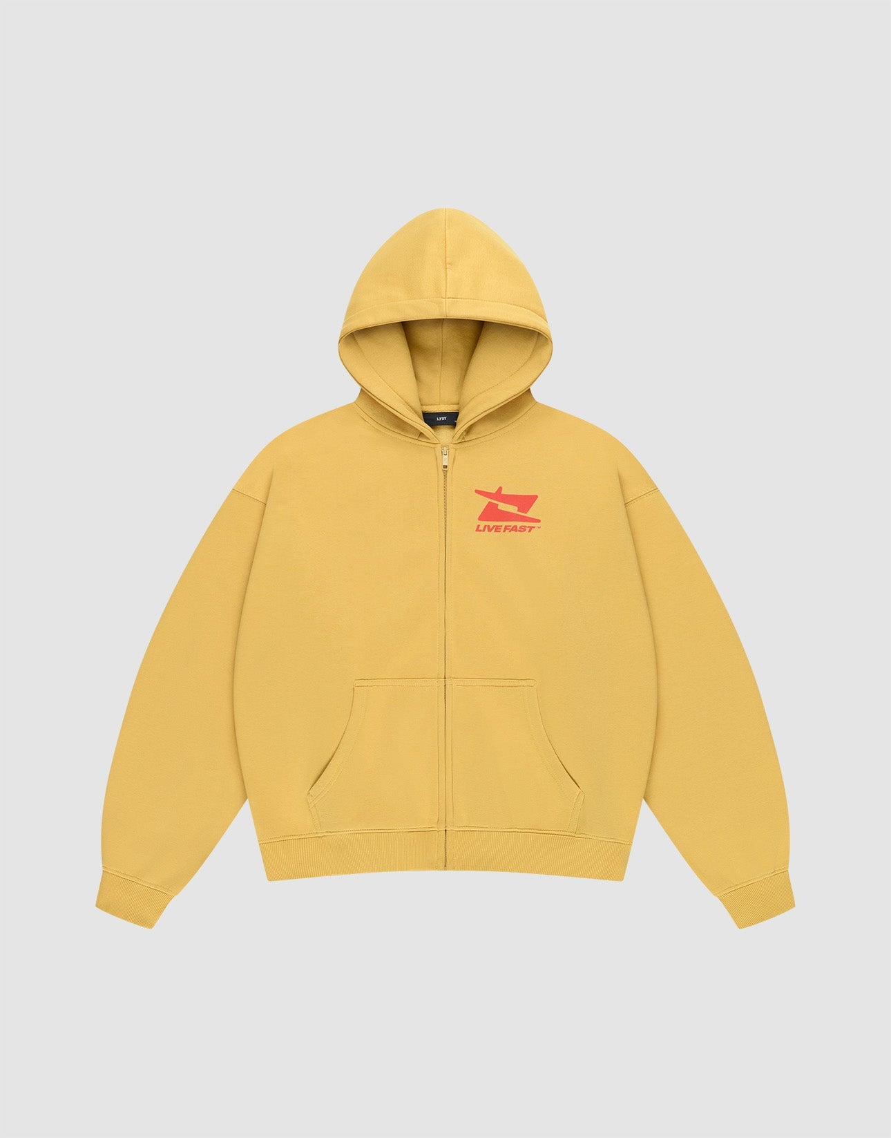 The Live Fast Sweatsuit Jacket by LIVE FAST DIE YOUNG is a yellow oversized zip-up hoodie with a hood, front pocket, and small red front print featuring "LIVEMART" on the left chest. | plain