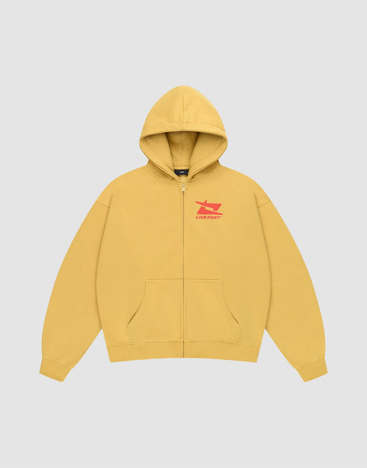 The Live Fast Sweatsuit Jacket by LIVE FAST DIE YOUNG is a yellow oversized zip-up hoodie with a hood, front pocket, and small red front print featuring "LIVEMART" on the left chest. | plain
