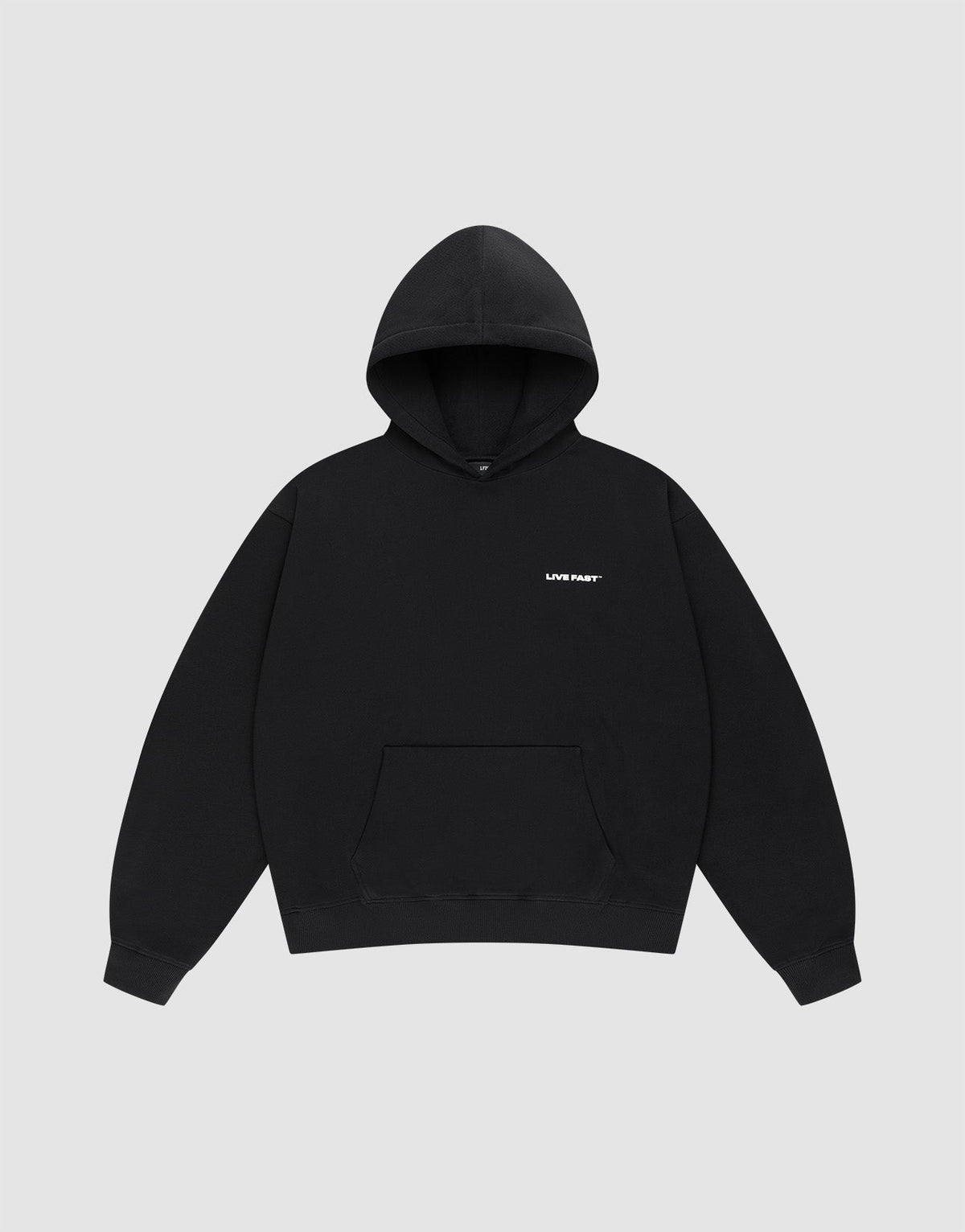 The Live Fast Plain Hooded by LIVE FAST DIE YOUNG is a black cotton hoodie with a front pocket and a small white "LVM PART" print on the left chest, shown against a light gray background. | plain