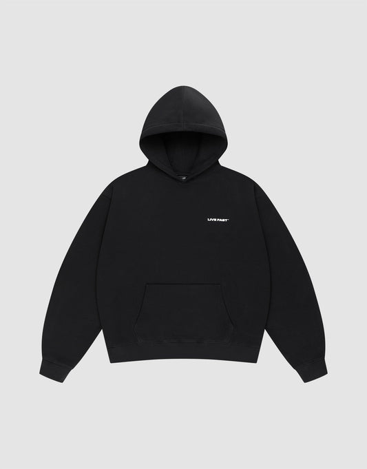 The Live Fast Plain Hooded by LIVE FAST DIE YOUNG is a black cotton hoodie with a front pocket and a small white "LVM PART" print on the left chest, shown against a light gray background. | plain