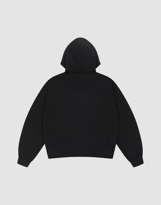 The Live Fast Plain Hooded by LIVE FAST DIE YOUNG is an oversize fit black hoodie made from soft cotton, featuring long sleeves, a hood, and ribbed cuffs and hem, shown from the back against a light gray background.