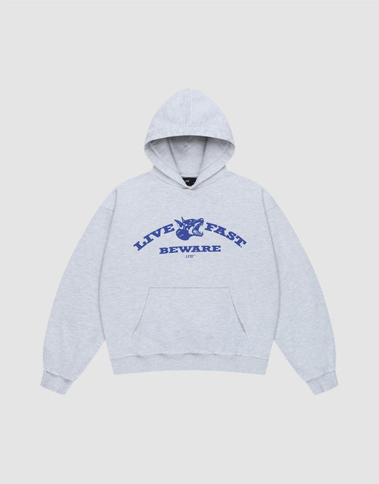 The Live Fast Beware Hooded by LIVE FAST DIE YOUNG is a light gray oversize fit hoodie with a front pouch pocket, bold blue snarling wildcat graphic, and "LIVE FAST BEWARE" on the chest. Made from 100% Baumwolle for maximum comfort. | plain