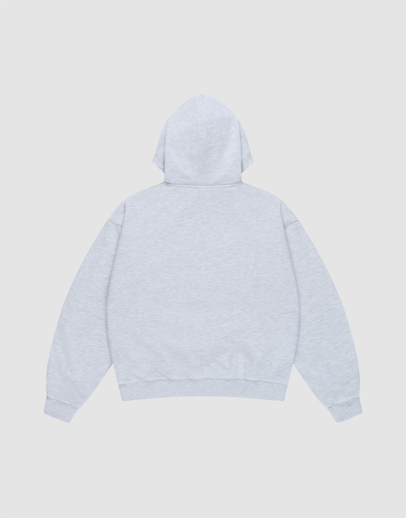 A plain light gray LIVE FAST DIE YOUNG "Live Fast Beware Hooded" oversize fit hoodie is displayed flat, back up, against a white background. The double-layer hoodie has long sleeves and no visible designs or text.
