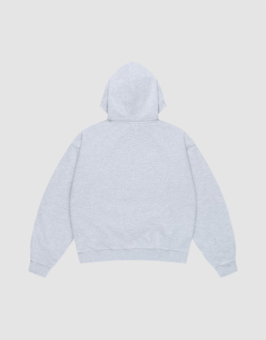 A plain light gray LIVE FAST DIE YOUNG "Live Fast Beware Hooded" oversize fit hoodie is displayed flat, back up, against a white background. The double-layer hoodie has long sleeves and no visible designs or text.