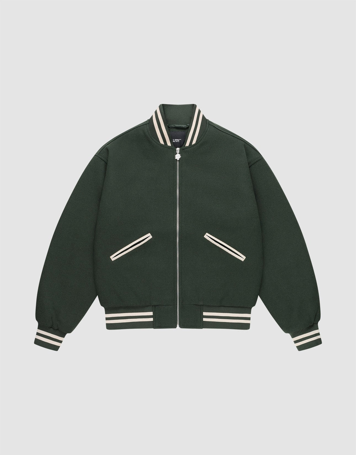 The Live Fast College Jacket by LIVE FAST DIE YOUNG is dark green with white trim, a DY-Reißverschluss zipper, two diagonal pockets, and stylish Rückenstick detail for extra flair.