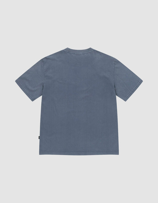The LIVE FAST DIE YOUNG LFDY Guaranteed Tee, a blue short-sleeve t-shirt made from 100% Baumwolle, is shown flat with the back facing up on a light gray background.