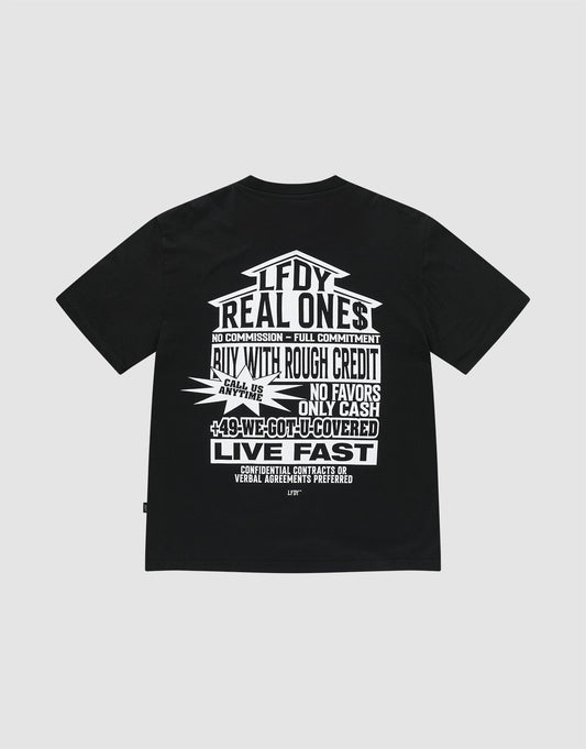 The LFDY Real Ones Tee by LIVE FAST DIE YOUNG is an oversized black T-shirt made of 100% cotton, featuring bold white graphic text and phrases like "LFDY REAL ONE$" and "NO COMMISSION" in various fonts on the front and back. | plain