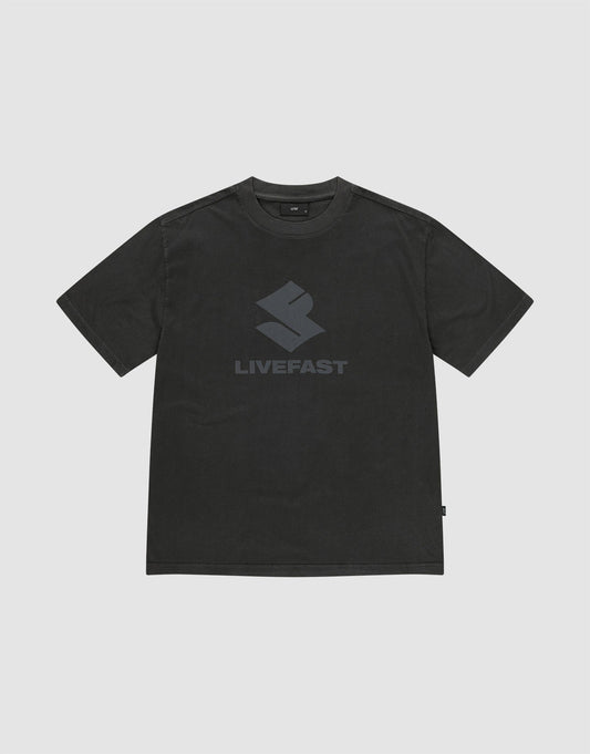 The Live Fast LF Tee by LIVE FAST DIE YOUNG is a black oversized short-sleeve shirt in 100% cotton, featuring a bold geometric front print and "LIVEFAST" in dark gray on the chest, shown against a plain light gray background. | plain