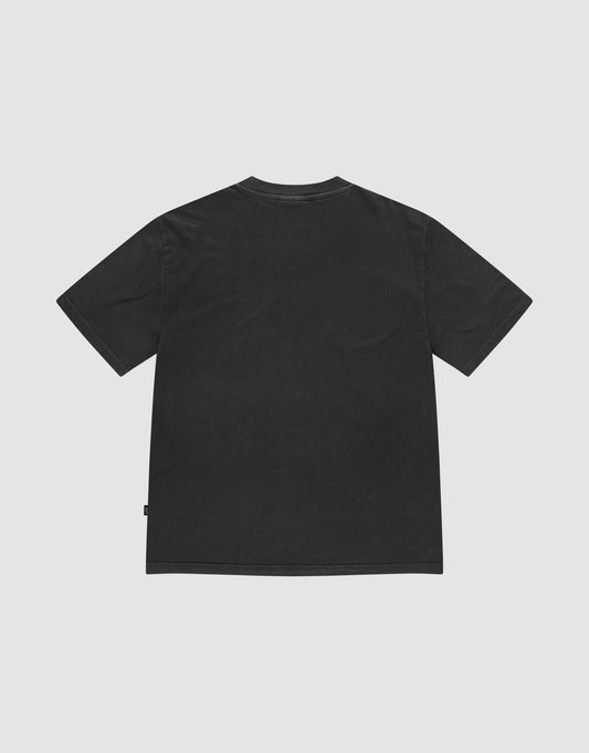 Back view of the Live Fast LF Tee by LIVE FAST DIE YOUNG, a plain black oversize fit short-sleeve t-shirt with a crew neck, made from 100% Baumwolle, shown flat on a light gray background with no visible designs or logos.