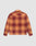 Back view of the LIVE FAST DIE YOUNG Vintage Flannel in Oversize Fit, showcasing an orange-red plaid long-sleeve design with buttoned cuffs and a straight hem against a plain light gray background.