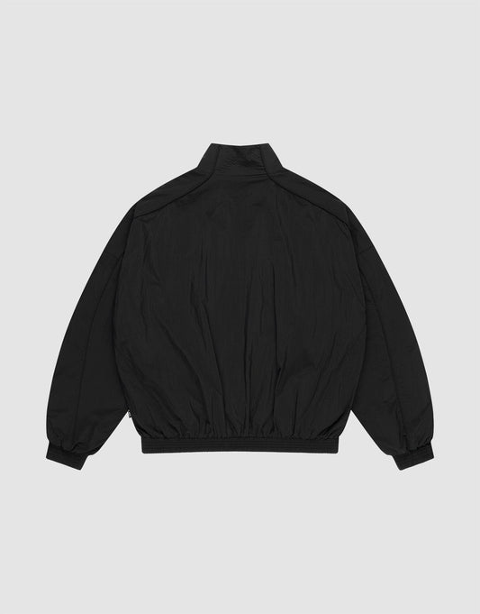 The LFDY Dealership Trackjacket by LIVE FAST DIE YOUNG is a black, long-sleeve jacket with Stehkragen, elastic waistband and cuffs, and a Regular Fit, shown from the back on a plain light gray background.