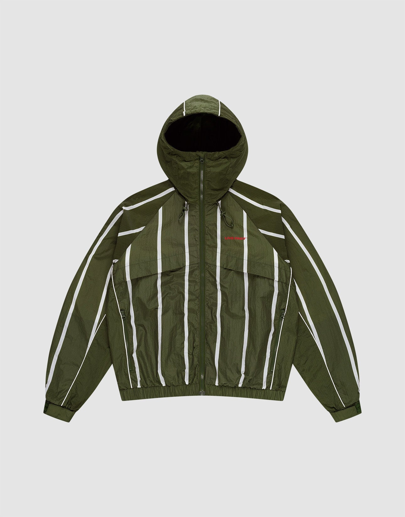 The LFDY Nylon Trackjacket by LIVE FAST DIE YOUNG is a green hooded jacket with elastic-tunnel drawstring, white vertical stripes, long sleeves, front zipper, small red chest logo, elastic waistband and cuffs, and an oversize fit for comfort.