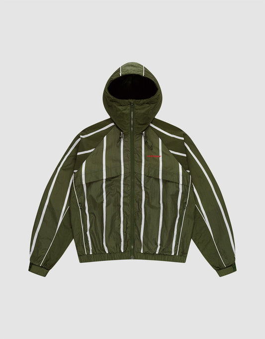 The LFDY Nylon Trackjacket by LIVE FAST DIE YOUNG is a green hooded jacket with elastic-tunnel drawstring, white vertical stripes, long sleeves, front zipper, small red chest logo, elastic waistband and cuffs, and an oversize fit for comfort.