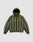 The LFDY Nylon Trackjacket by LIVE FAST DIE YOUNG is a green hooded jacket with elastic-tunnel drawstring, white vertical stripes, long sleeves, front zipper, small red chest logo, elastic waistband and cuffs, and an oversize fit for comfort.
