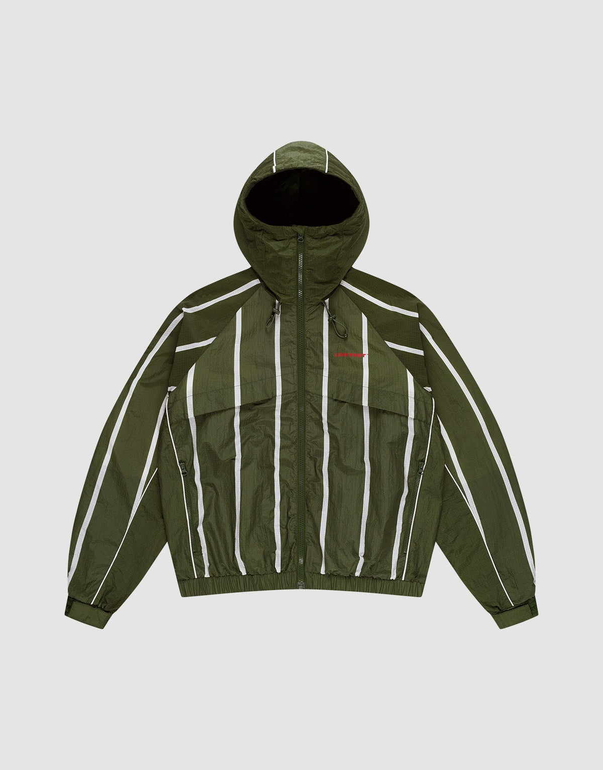 The LFDY Nylon Trackjacket by LIVE FAST DIE YOUNG is a green hooded jacket with elastic-tunnel drawstring, white vertical stripes, long sleeves, front zipper, small red chest logo, elastic waistband and cuffs, and an oversize fit for comfort.