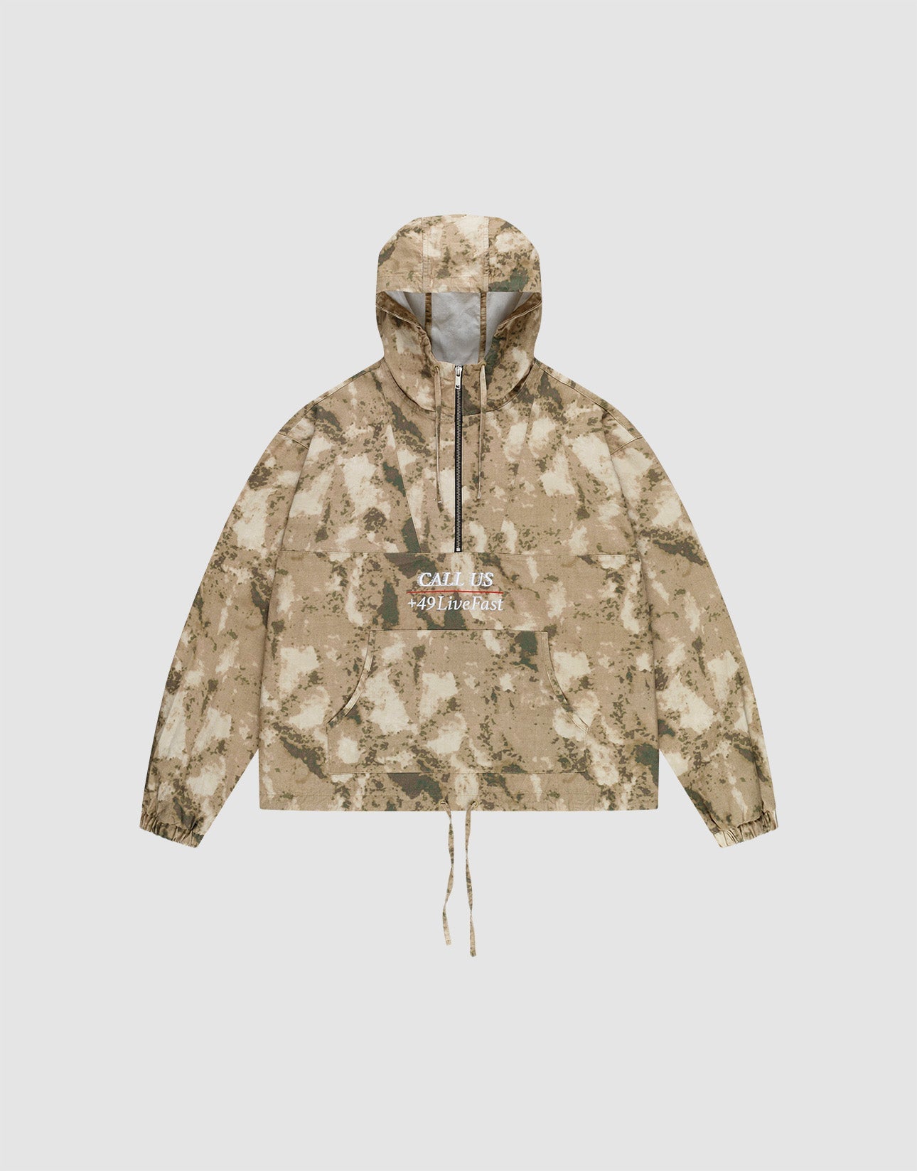 The LFDY Camo Halfzip Jacket by LIVE FAST DIE YOUNG is an oversized beige and brown camouflage hooded jacket, made from 100% Baumwolle, featuring a front pocket, drawstring hem, and "CALL US WILDNESS" in white on the chest.