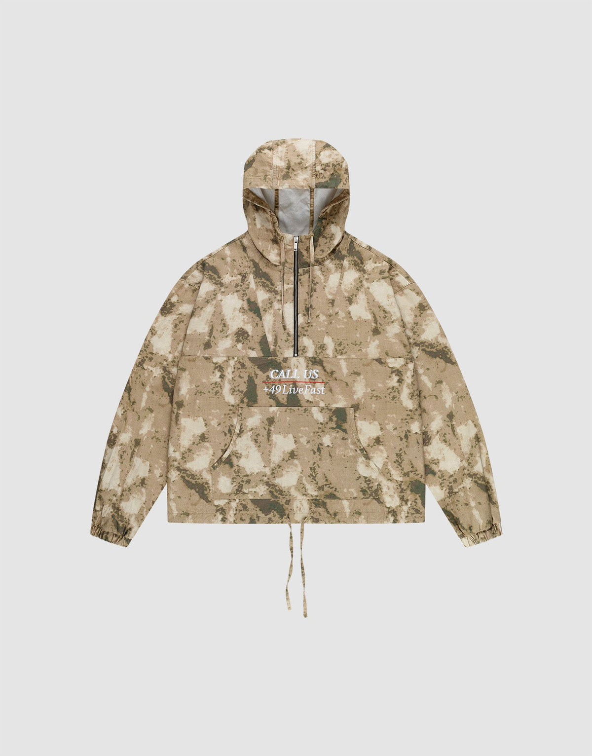 The LFDY Camo Halfzip Jacket by LIVE FAST DIE YOUNG is an oversized beige and brown camouflage hooded jacket, made from 100% Baumwolle, featuring a front pocket, drawstring hem, and "CALL US WILDNESS" in white on the chest. | plain