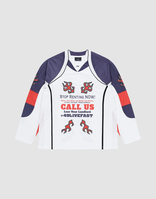 The LFDY Call Us Jersey by LIVE FAST DIE YOUNG is a long-sleeve white and navy oversized athletic shirt with red abstract designs, black and red graphics, and "STOP RENTING NOW! CALL US Lose Your Landlord +49LIVFFAST" text on the front. Polyester material. | plain