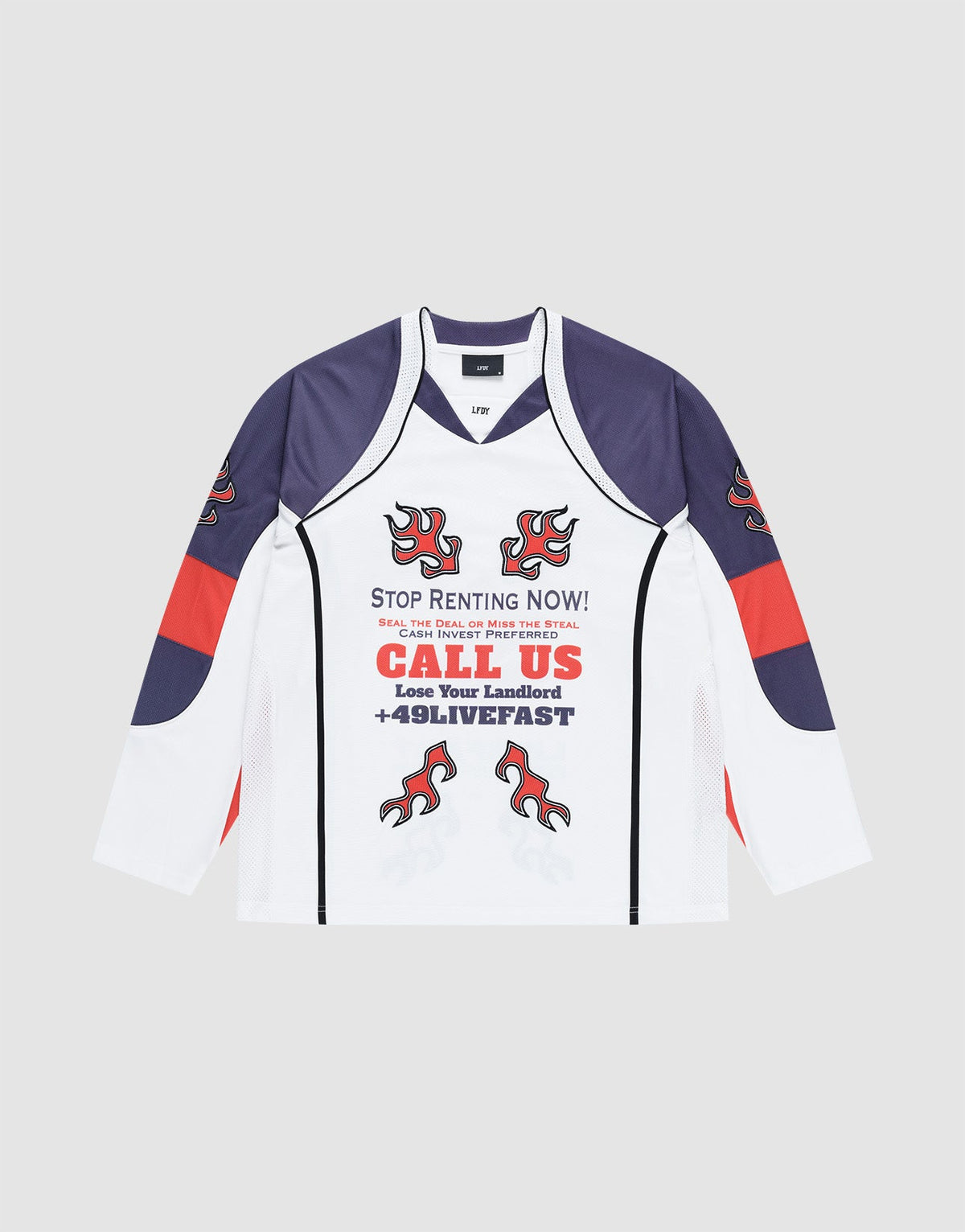 The LFDY Call Us Jersey by LIVE FAST DIE YOUNG is a long-sleeve white and navy oversized athletic shirt with red abstract designs, black and red graphics, and "STOP RENTING NOW! CALL US Lose Your Landlord +49LIVFFAST" text on the front. Polyester material. | plain