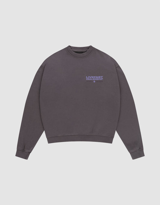 The LIVE FAST DIE YOUNG LFDY Network Sweater is an oversize fit crewneck in dark gray, made of soft cotton, featuring small purple "LIVE FAST, DIE YOUNG" text and a DNA STICK graphic on the left chest.