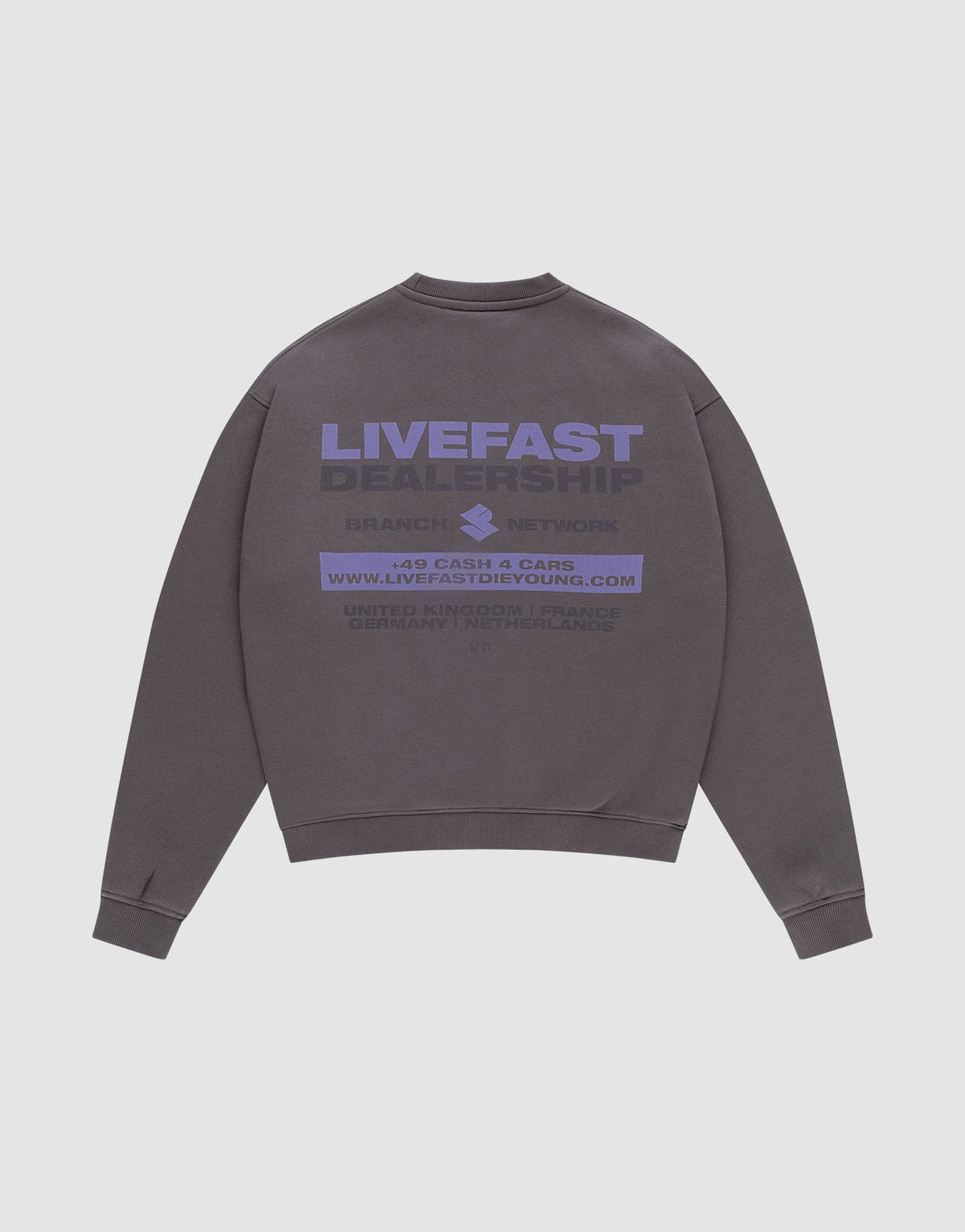 The LFDY Network Sweater von LIVE FAST DIE YOUNG ist ein graues Oversize-Crewneck aus Baumwolle mit lila "LIVEFAST DEALERSHIP" Backprint, weiteren Details, Website und Kleingedrucktem. Flach auf weißem Hintergrund präsentiert. | plain