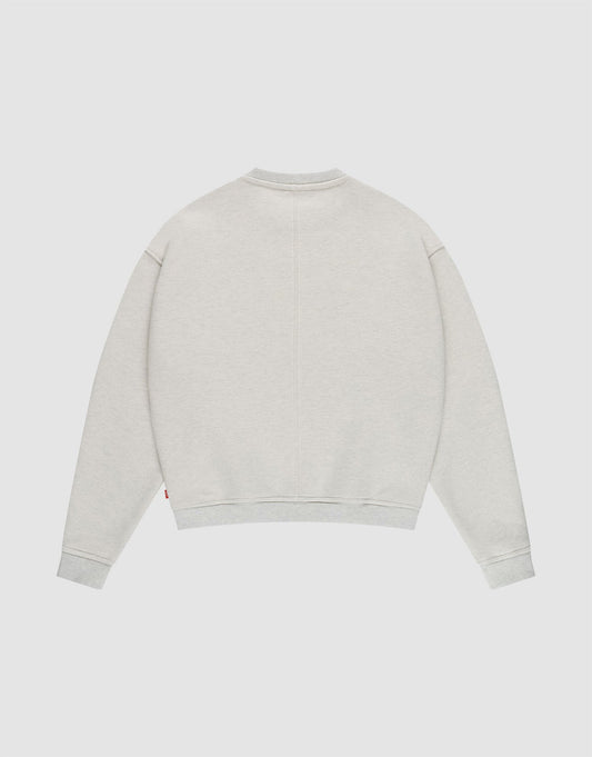 The LFDY Heavyweight Lounge Sweater by LIVE FAST DIE YOUNG is a light gray, oversize-fit sweater with long sleeves, ribbed cuffs and hem, and a crew neckline, made from 100% cotton and shown laid flat on a white background.