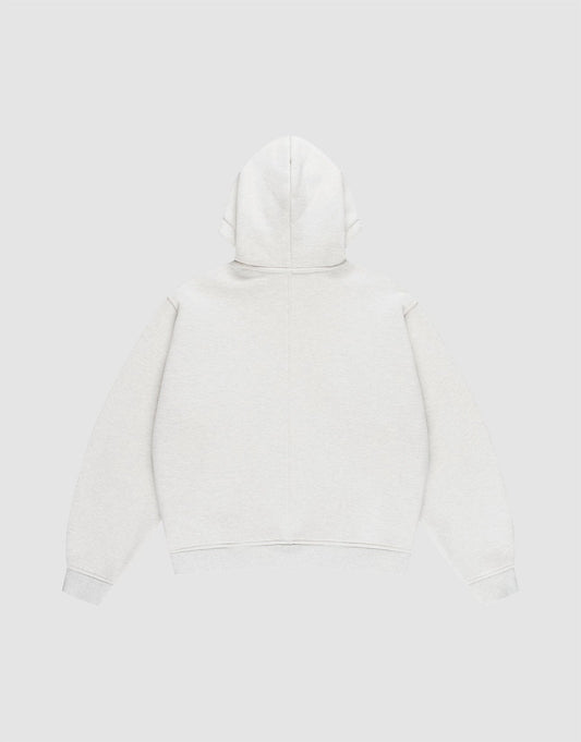 The LIVE FAST DIE YOUNG LFDY Heavyweight Lounge Zip Hooded, a plain light gray 100% Baumwolle hoodie in Regular Fit, is shown flat from the back with the hood up and sleeves spread out against a neutral background.