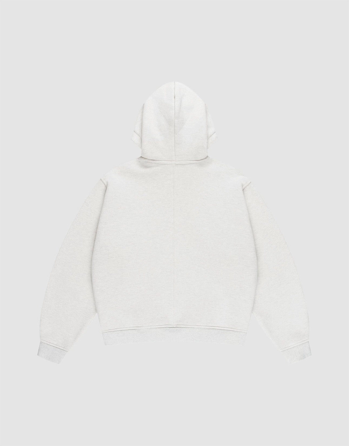 The LIVE FAST DIE YOUNG LFDY Heavyweight Lounge Zip Hooded, a plain light gray 100% Baumwolle hoodie in Regular Fit, is shown flat from the back with the hood up and sleeves spread out against a neutral background.