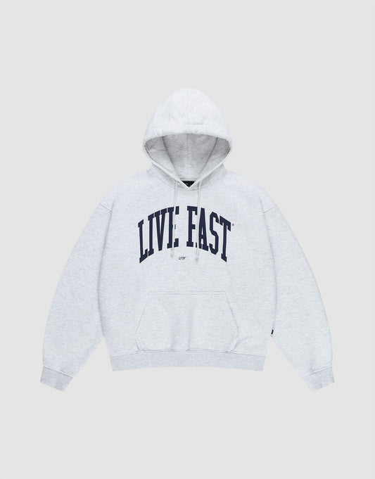 The Live Fast College Hooded sweatshirt by LIVE FAST DIE YOUNG features a light gray color, oversized fit, front pocket, and bold "LIVE FAST" black print on the chest. Made from soft Baumwolle for all-day comfort. | plain