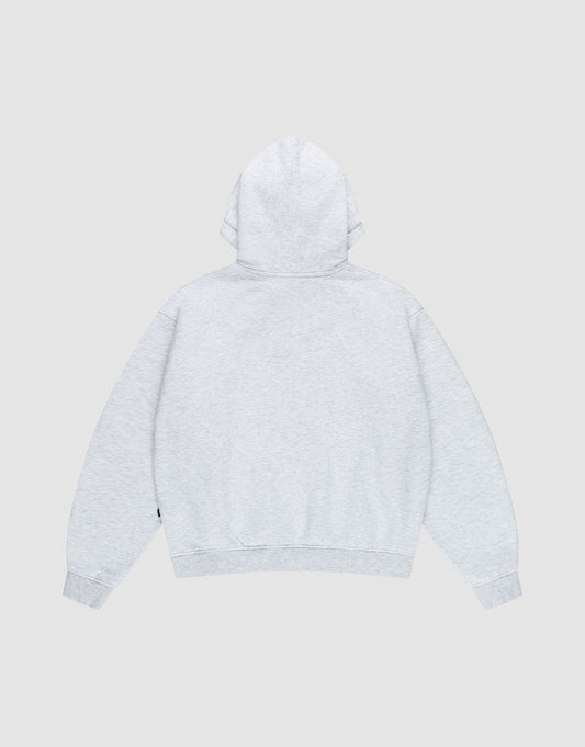 The LIVE FAST DIE YOUNG Live Fast College Hooded sweatshirt, in plain light gray Baumwolle, is shown back-facing on a neutral background. It features long sleeves, ribbed cuffs and hem for an Oversize Fit.