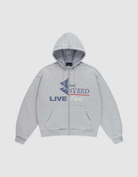 The LIVE FAST DIE YOUNG Flannel Lined Hooded Jacket is a light grey, oversize-fit men's jacket with front pockets and a hood. It features blue and red "LIVE Fast" graphic text on the chest, plus stylized details—perfect for a trendy look. | plain