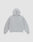 The LIVE FAST DIE YOUNG Flannel Lined Hooded Jacket in light gray is shown flat from the back with long sleeves and ribbed cuffs and hem. This oversize fit zip jacket blends comfort and style.